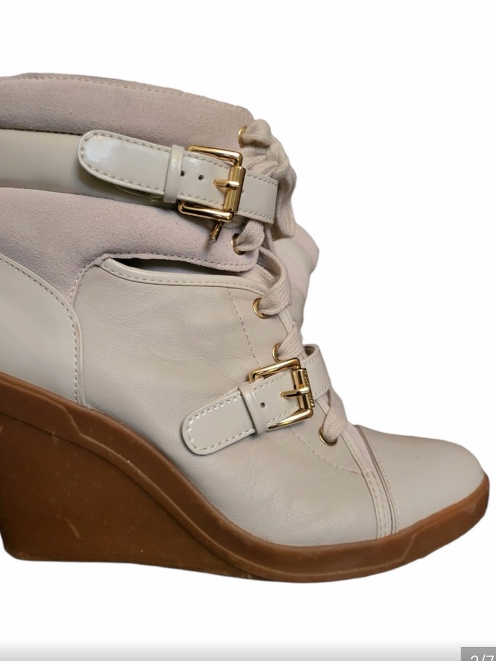 Michael Kors Cream Wedge Lace-Up Boot with Gold Buckles